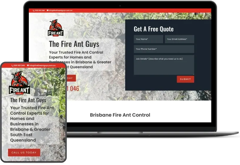 The Fire Ant Guys website shown on desktop and mobile